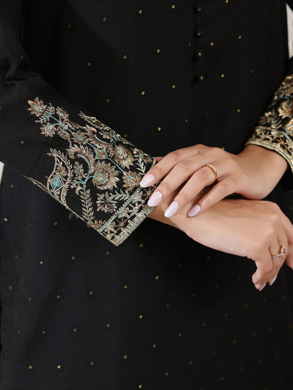 3Pc Embroidered Pret Suit Cotton Net Jacquard Black - OWE3P-2410010
