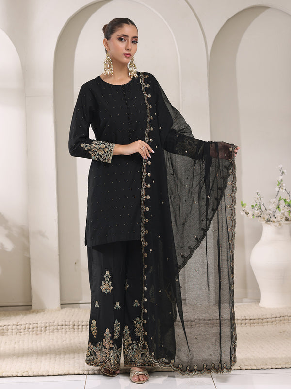3Pc Embroidered Pret Suit Cotton Net Jacquard Black - OWE3P-2410010