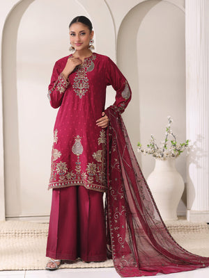 3Pc Embroidered Pret Suit Cotton Net Jacquard Magenta - OWE3P-2410012