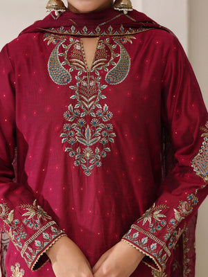 3Pc Embroidered Pret Suit Cotton Net Jacquard Magenta - OWE3P-2410012