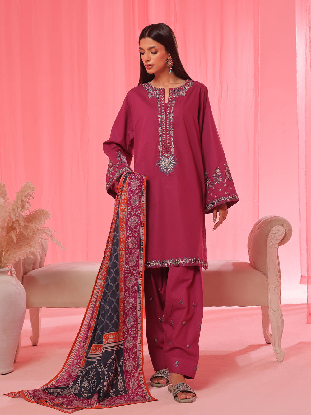 3Pc Embroidered Pret Suit Dyed Cambric Magenta - OWE3P-2503004