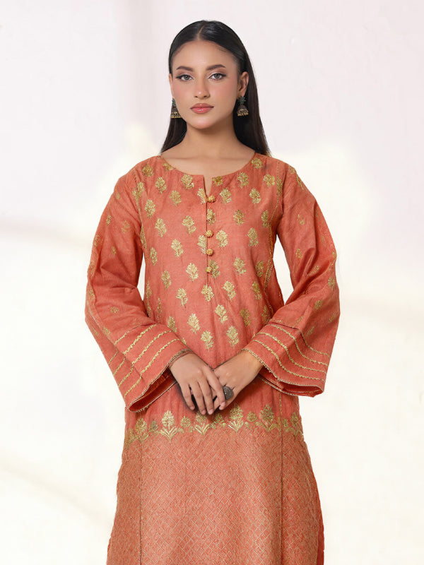 1Pc Embroidered Pret Kurti Cotton Net Orange - OWEKTG-25080
