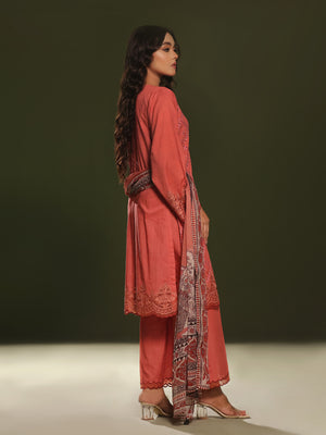 3Pc Embroidered Pret Suit Cambric Orange - OWE3P-2411011