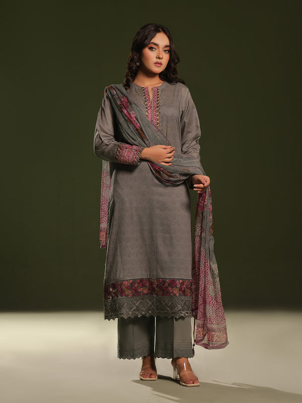 3Pc Embroidered Unstitched Cambric Grey - OCCE3P-6266-A