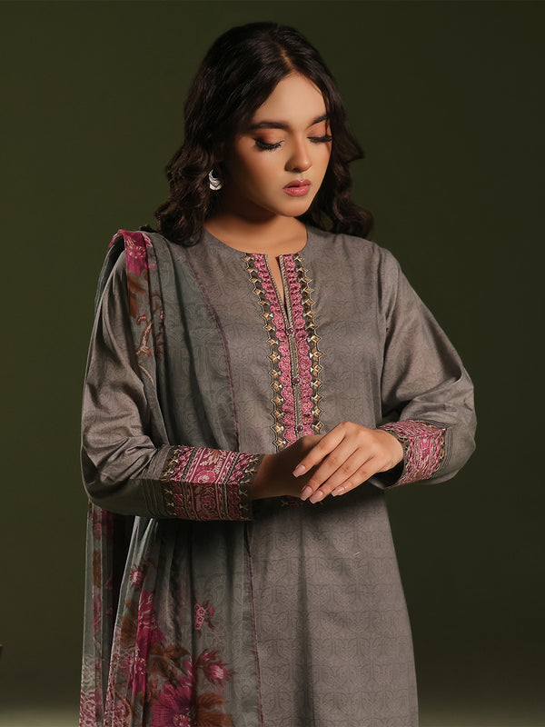 3Pc Embroidered Unstitched Cambric Grey - OCCE3P-6266-A