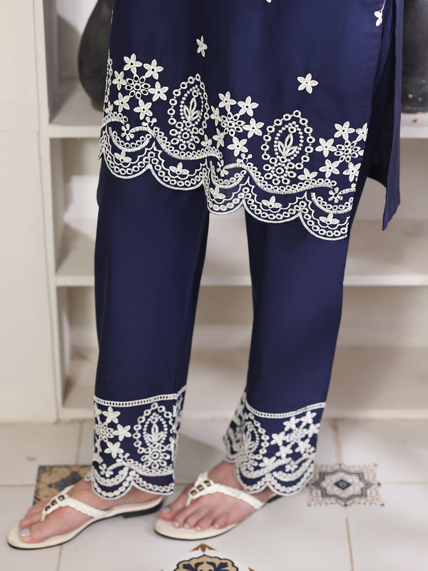 2Pc Solid Embroidered Pret Shirt Trouser Cotton Navy Blue