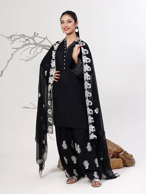 3Pc Embroidered Pret Suit Dyed Slub Black White