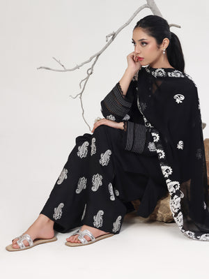 3Pc Embroidered Pret Suit Dyed Slub Black White