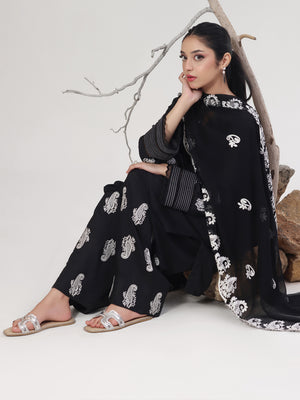 3Pc Embroidered Pret Suit Dyed Slub Black White
