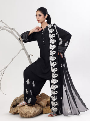 3Pc Embroidered Pret Suit Dyed Slub Black White
