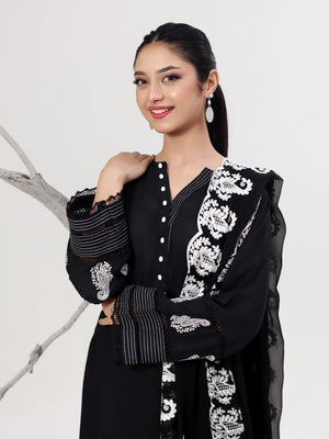 3Pc Embroidered Pret Suit Dyed Slub Black White