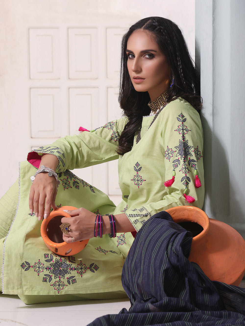 2Pc Embroidered Pret Shirt Dupatta Lawn Green - OWE2P-2205033