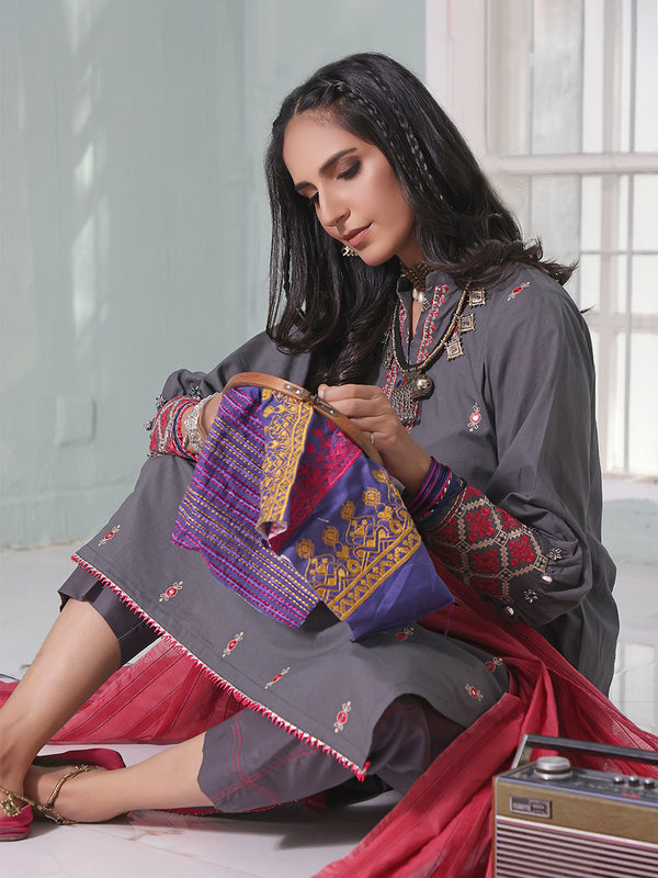 2Pc Embroidered Pret Shirt Dupatta Lawn Charcoal - OWE2P-2205036