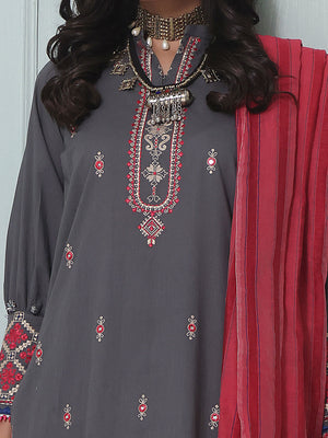 2Pc Embroidered Pret Shirt Dupatta Lawn Charcoal - OWE2P-2205036