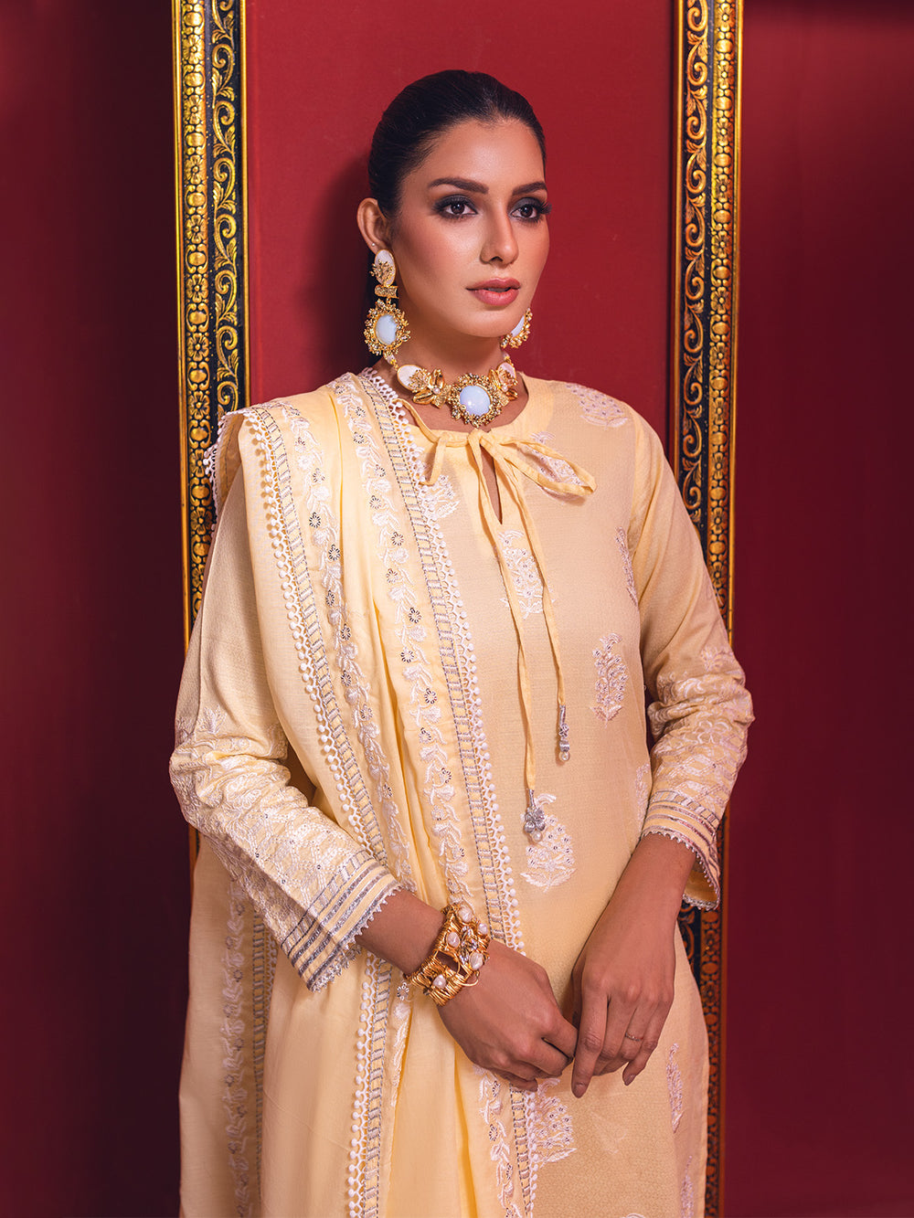 2Pc Embroidered Pret Shirt Dupatta Jacquard Yellow - OWE2P-2211025