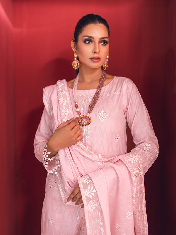 2Pc Embroidered Pret Shirt Dupatta Jacquard Pink - OWE2P-2211026