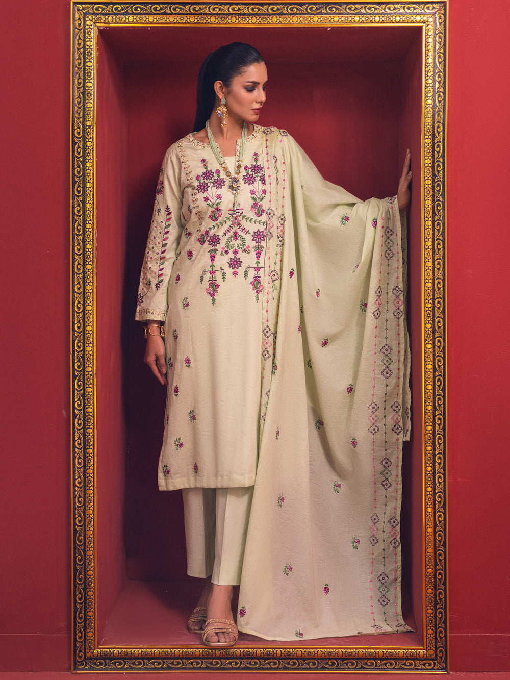 2Pc Embroidered Pret Shirt Dupatta Jacquard Green - OWE2P-2211027