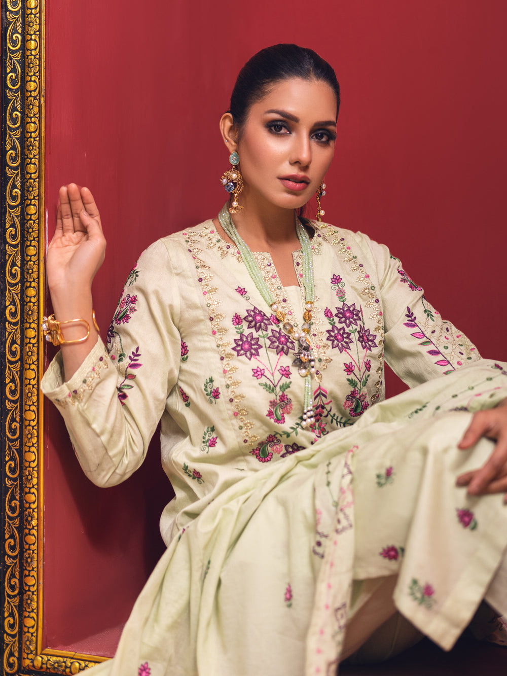 2Pc Embroidered Pret Shirt Dupatta Jacquard Green - OWE2P-2211027