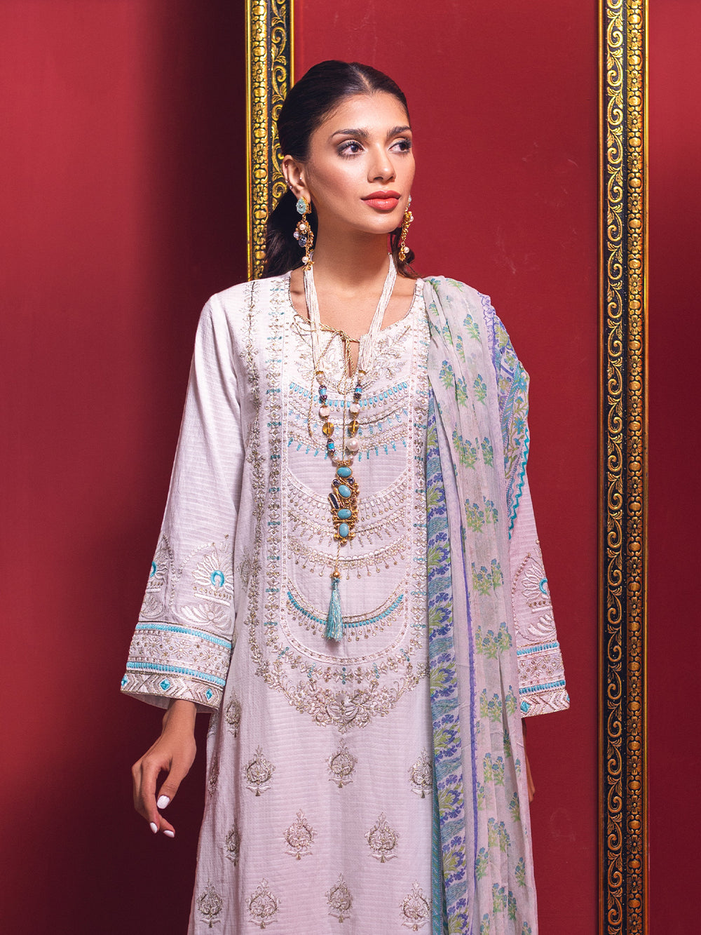 2Pc Embroidered Pret Shirt Dupatta Jacquard White - OWE2P-2211050