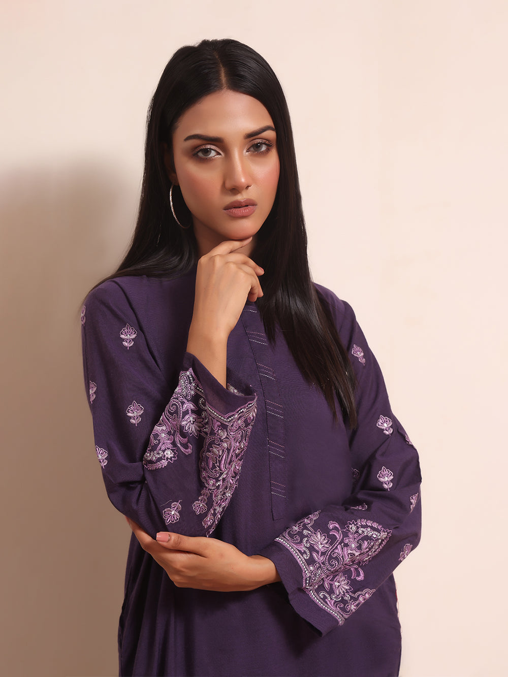 2Pc Embroidered Pret Shirt Trouser Yarn Dyed Purple - OWE2PG-2306008