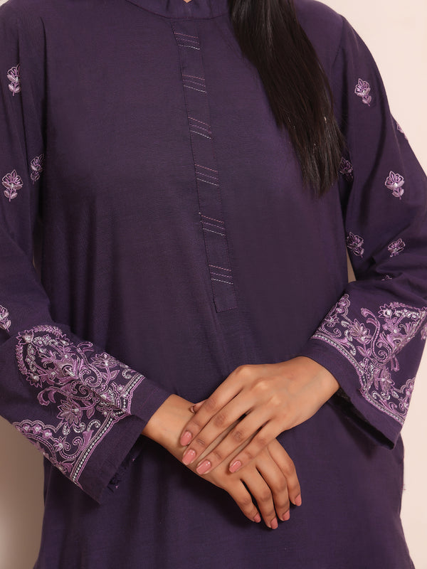 2Pc Embroidered Pret Shirt Trouser Yarn Dyed Purple - OWE2PG-2306008