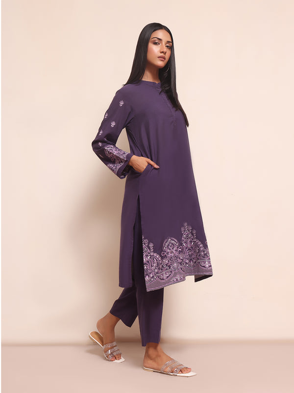 2Pc Embroidered Pret Shirt Trouser Yarn Dyed Purple - OWE2PG-2306008