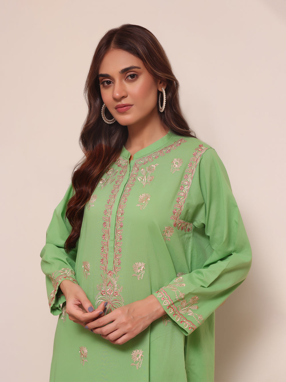 2Pc Embroidered Pret Shirt Trouser Lawn Green - OWE2PG-2306022