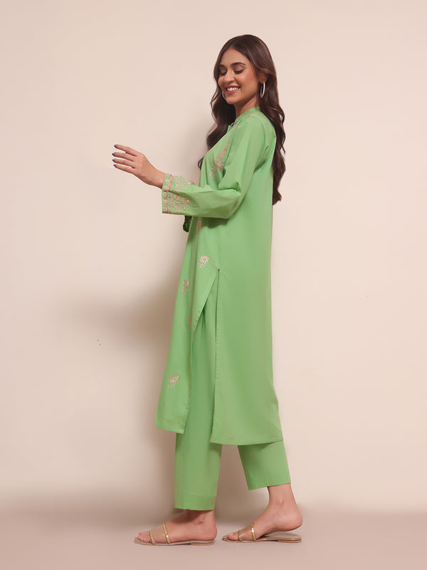 2Pc Embroidered Pret Shirt Trouser Lawn Green - OWE2PG-2306022