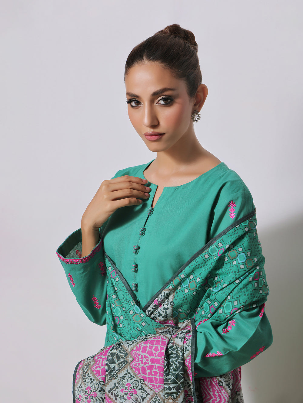 2Pc Embroidered Pret Shirt Dupatta Yarn Dyed Green - OWE2PG-2310020