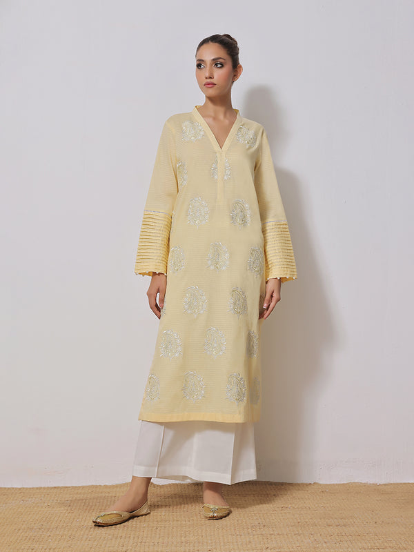 2Pc Embroidered Pret Shirt Dupatta Dobby Yellow - OWE2PG-2310021