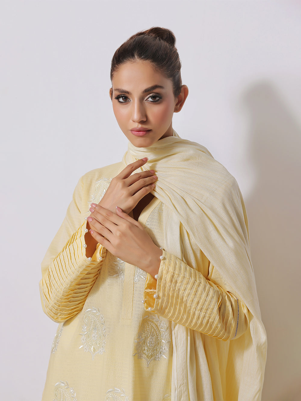 2Pc Embroidered Pret Shirt Dupatta Dobby Yellow - OWE2PG-2310021
