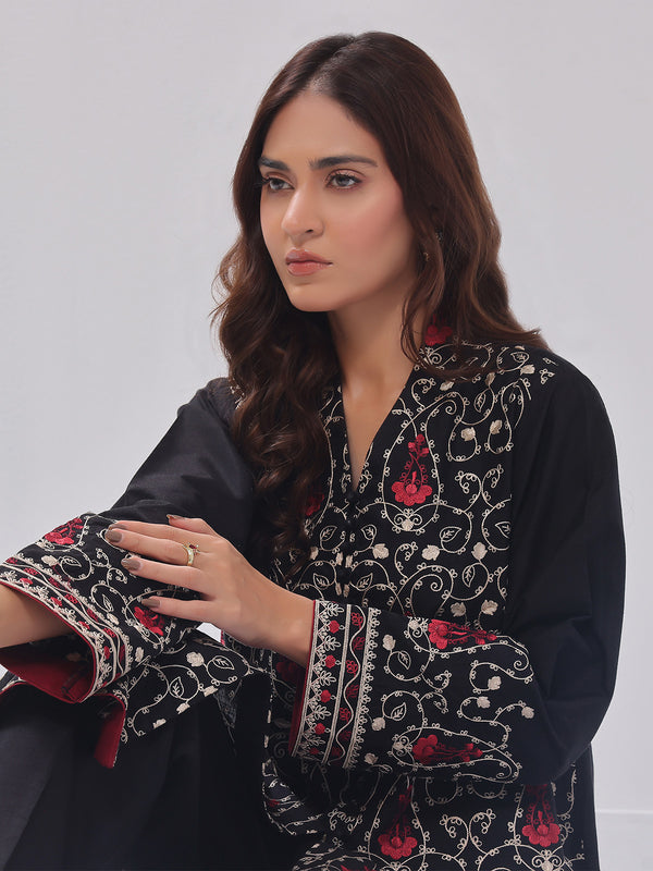 2Pc Embroidered Pret Shirt Trouser Cotton Silk Black - OWE2PG-2405035