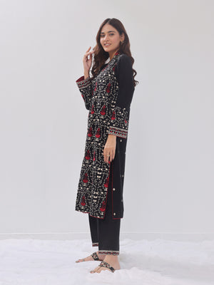 2Pc Embroidered Pret Shirt Trouser Cotton Silk Black - OWE2PG-2405035