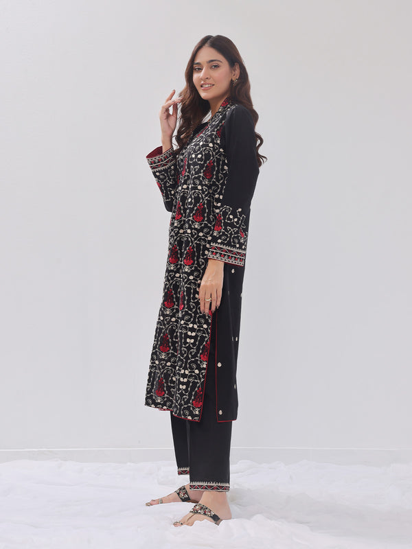 2Pc Embroidered Pret Shirt Trouser Cotton Silk Black - OWE2PG-2405035