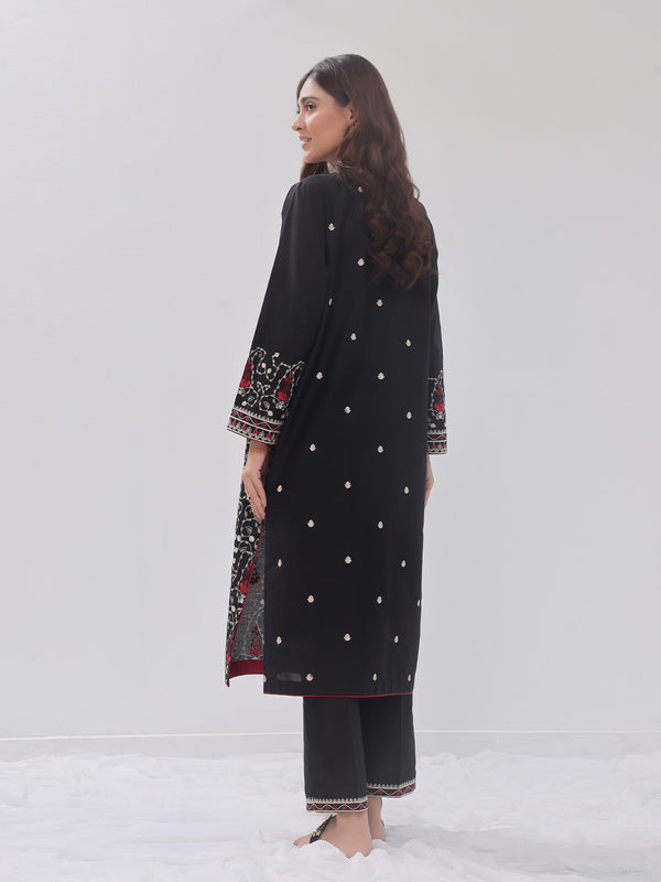 2Pc Embroidered Pret Shirt Trouser Cotton Silk Black - OWE2PG-2405035