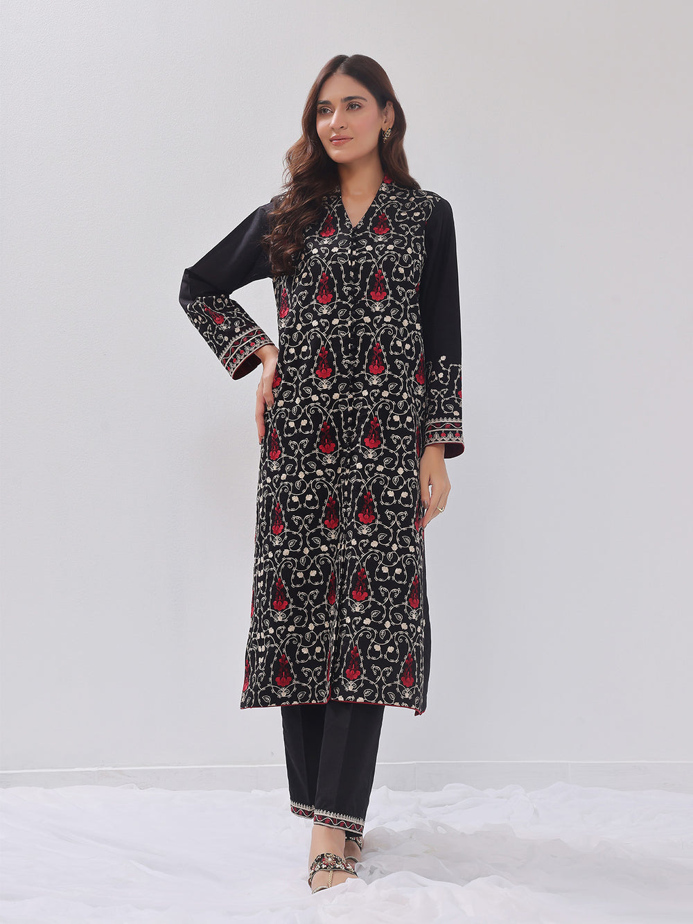 2Pc Embroidered Pret Shirt Trouser Cotton Silk Black - OWE2PG-2405035