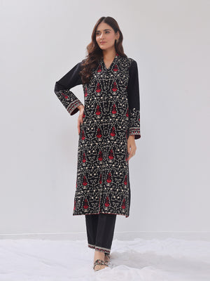 2Pc Embroidered Pret Shirt Trouser Cotton Silk Black - OWE2PG-2405035