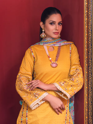 3Pc Embroidered Suit Pret Jacquard Mustard - OWE3P-2211038