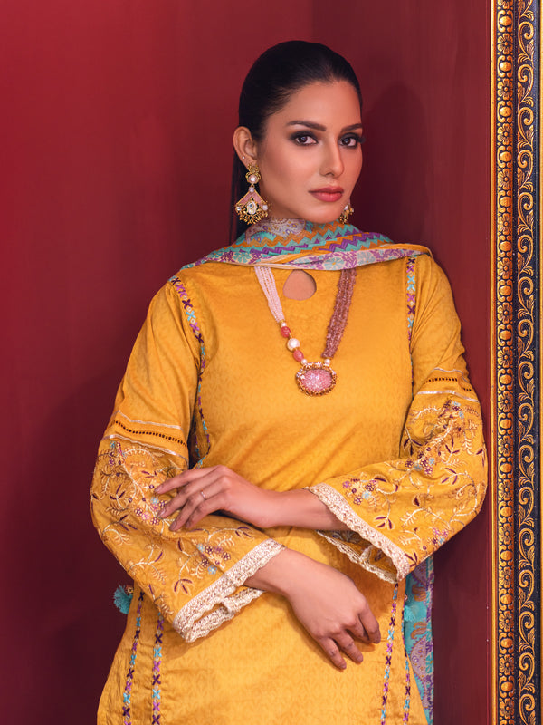 3Pc Embroidered Suit Pret Jacquard Mustard - OWE3P-2211038