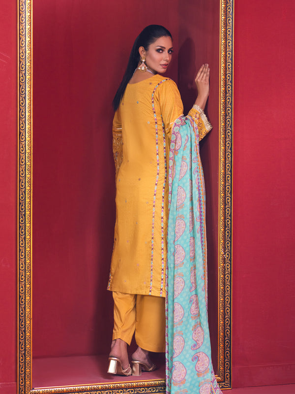 3Pc Embroidered Suit Pret Jacquard Mustard - OWE3P-2211038