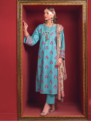 2Pc Embroidered Pret Shirt Dupatta Jacquard Ferozi - OWE3P-2211039