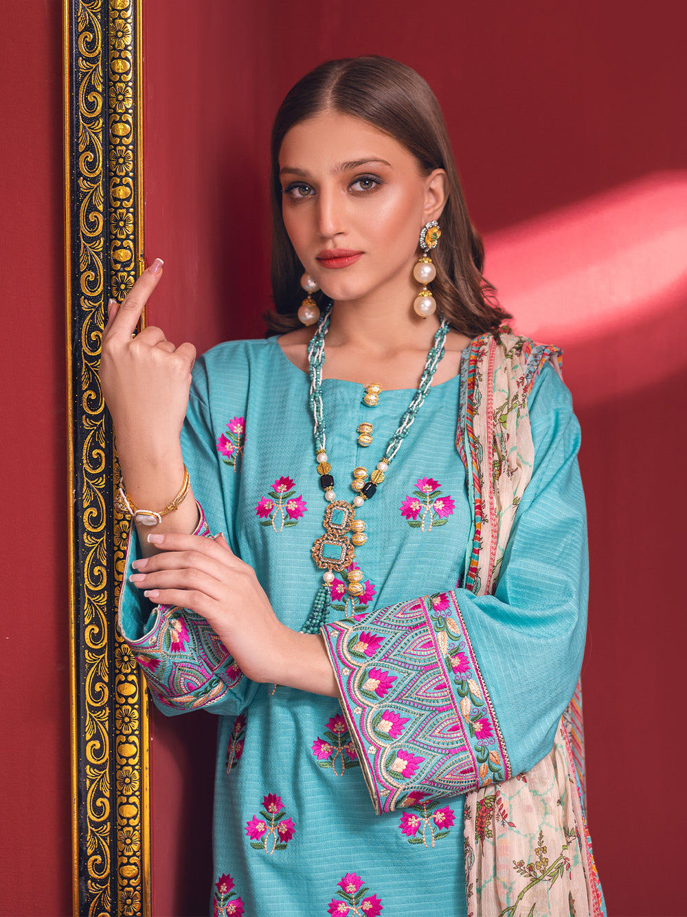 2Pc Embroidered Pret Shirt Dupatta Jacquard Ferozi - OWE3P-2211039