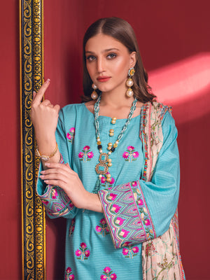 2Pc Embroidered Pret Shirt Dupatta Jacquard Ferozi - OWE3P-2211039