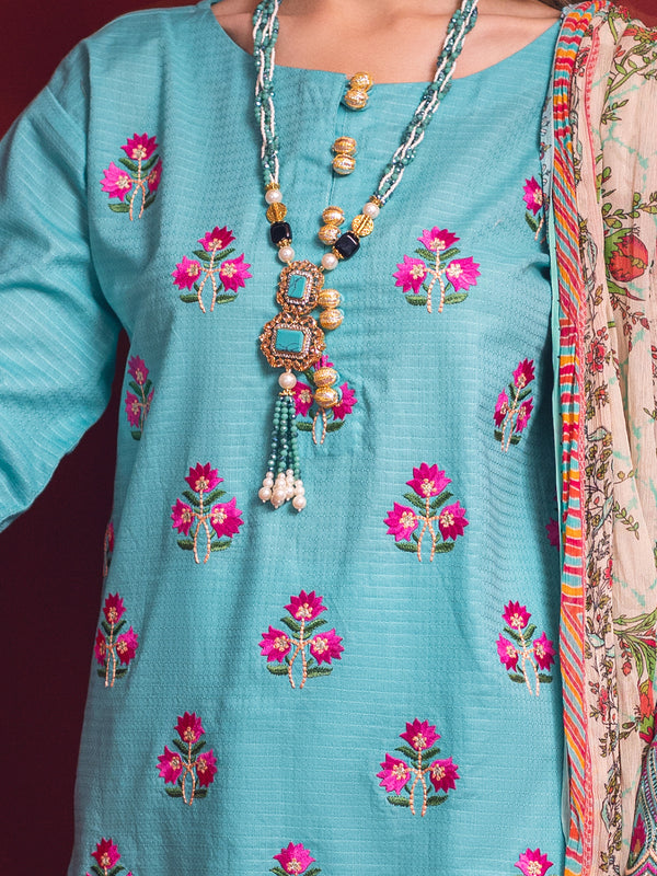 2Pc Embroidered Pret Shirt Dupatta Jacquard Ferozi - OWE3P-2211039