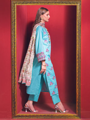 2Pc Embroidered Pret Shirt Dupatta Jacquard Ferozi - OWE3P-2211039