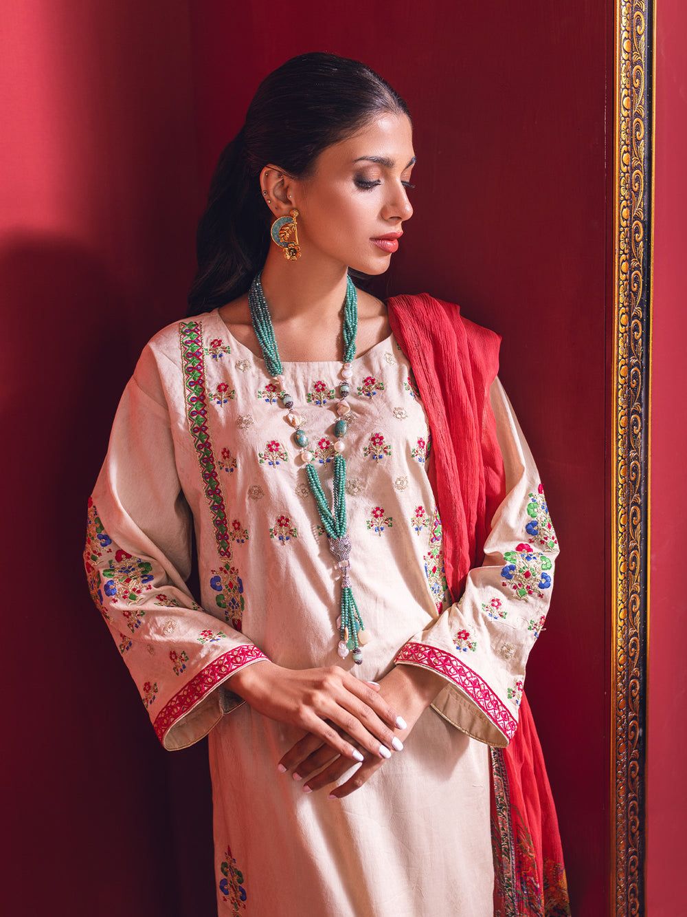 3Pc Embroidered Suit Pret Jacquard Beige - OWE3P-2211049