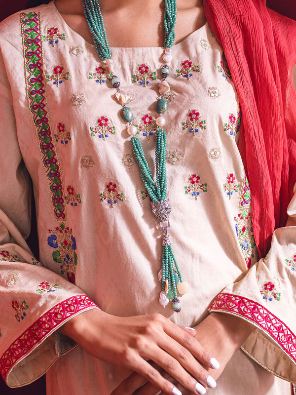 3Pc Embroidered Suit Pret Jacquard Beige - OWE3P-2211049