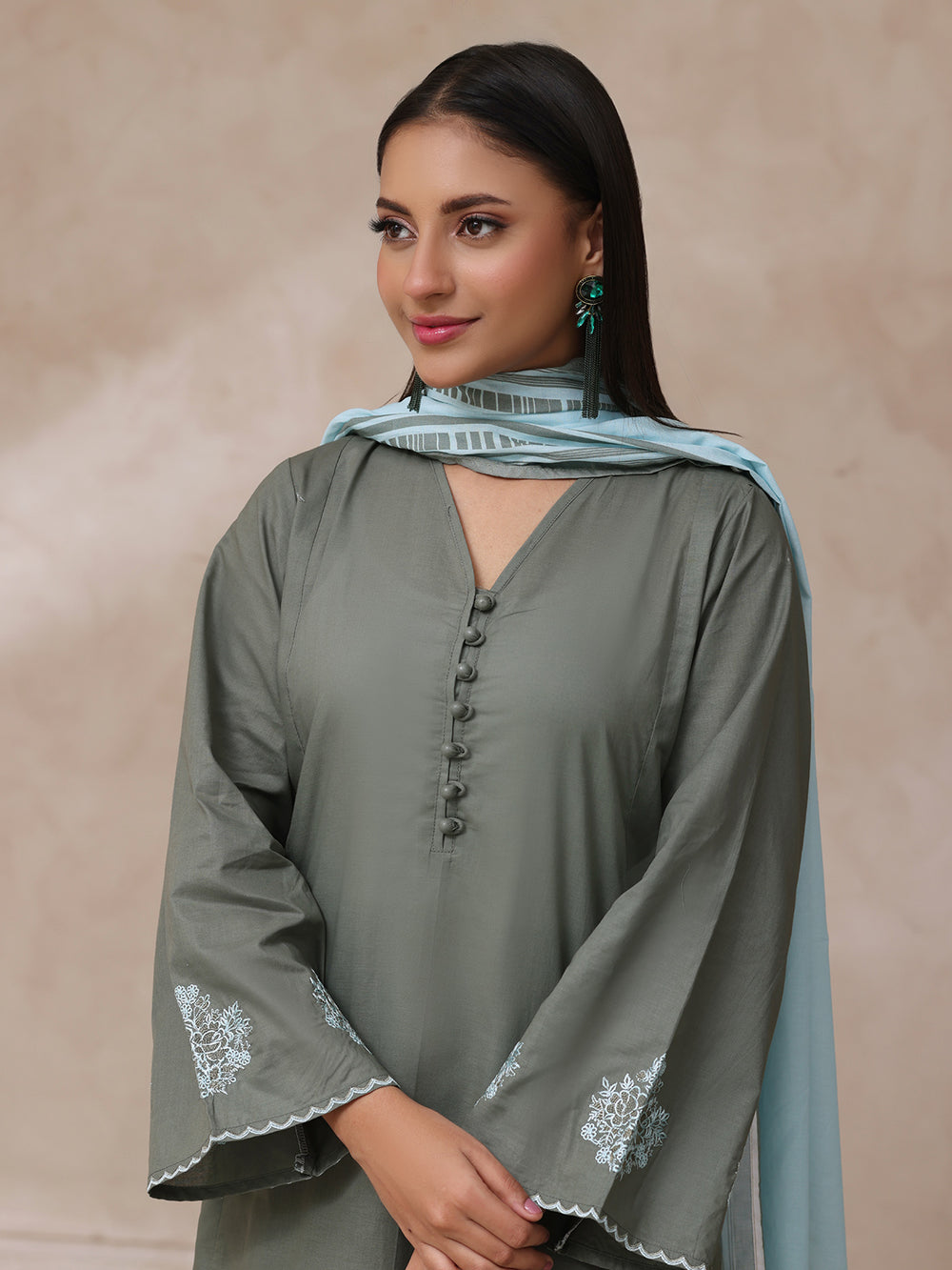 3Pc Embroidered Pret Suit Dyed Cambric Dark Grey - OWE3P-2503003