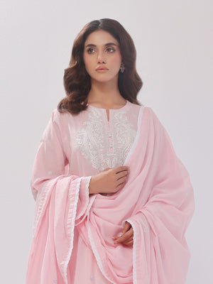 3Pc Embroidered Suit Pret Dobby Baby Pink - OWE3PG-2406007