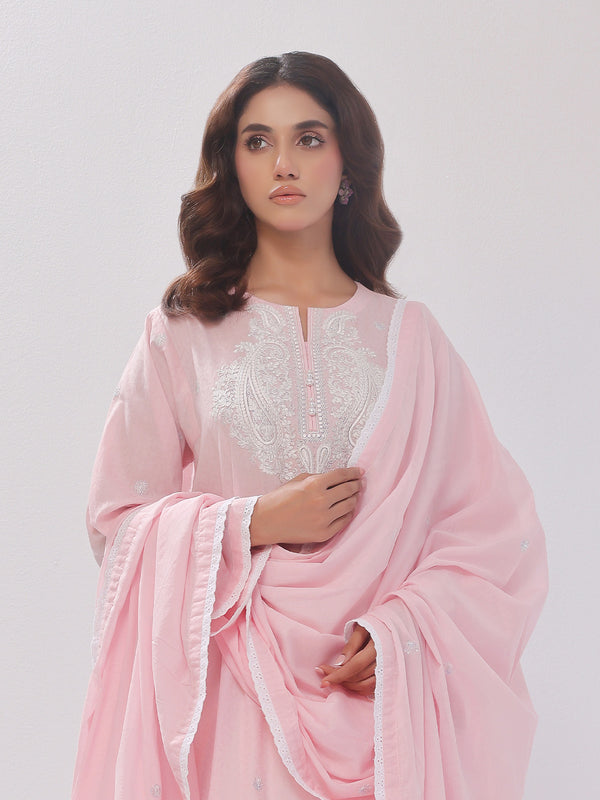 3Pc Embroidered Suit Pret Dobby Baby Pink - OWE3PG-2406007